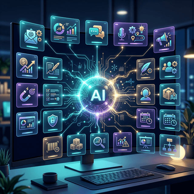 Digital dashboard showing 20 different business tasks powered by a central AI core.