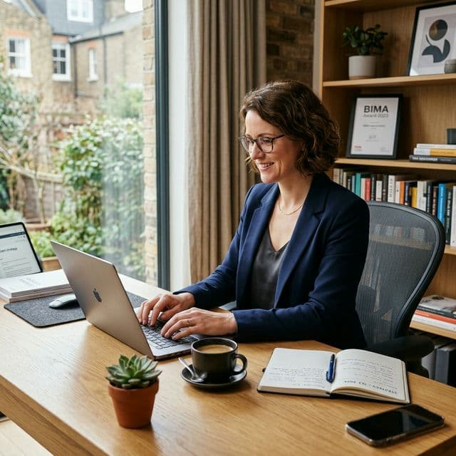 A highly realistic photograph of a professional digital agency owner working diligently at a modern desk using a sleek laptop.