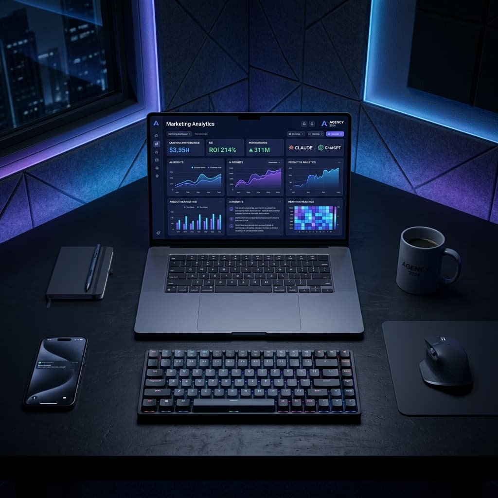 A modern, minimalist workstation showing AI marketing tools on a laptop screen.