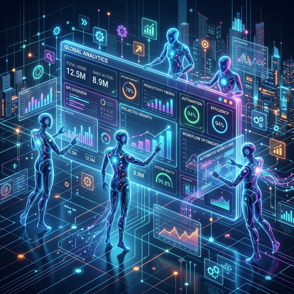 Abstract illustration of multiple digital AI agents interacting with a business dashboard, representing automation and future technology.