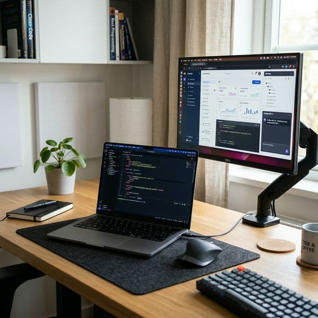 A highly realistic photograph of a modern software developer's workstation, featuring a laptop with colorful code and a secondary monitor displaying a visual web layout.