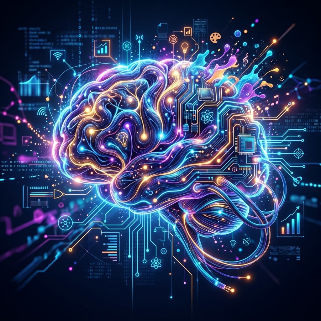 Abstract 3D illustration representing the fusion of human creativity and AI technology.