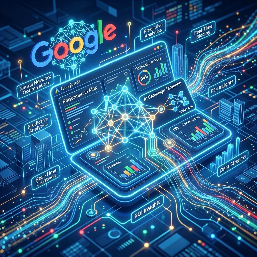Abstract 3D illustration representing the AI-driven transformation of Google Ads.