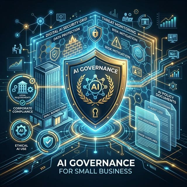 A conceptual illustration of AI governance for small business, depicting corporate compliance, digital security grids, policy documents, and a shield.
