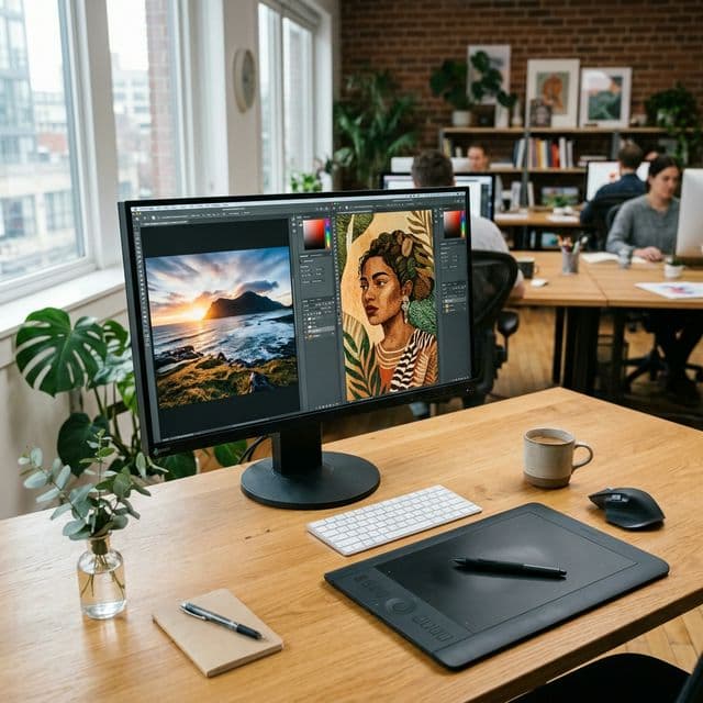 A highly realistic photograph of a professional creative digital workspace featuring a high-resolution monitor displaying visually stunning photography and illustration concepts.