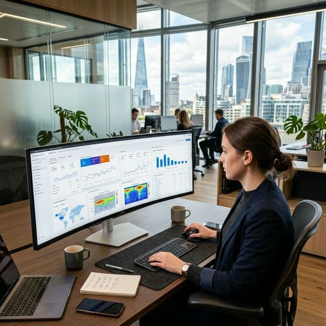 An SEO professional reviewing analytics dashboards on a large ultra-widescreen monitor in a bright, modern corporate office.