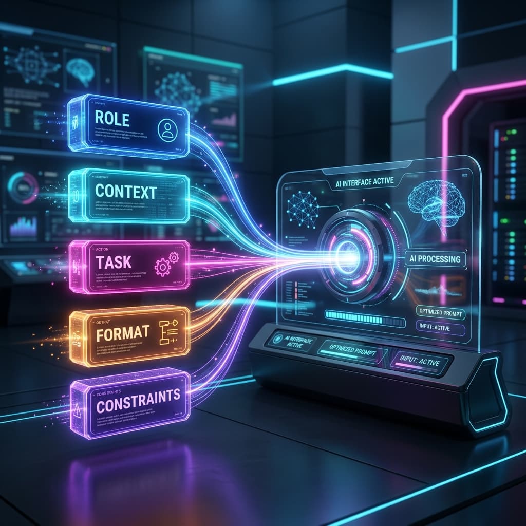 Abstract 3D illustration of a detailed glowing prompt structure with five elements fed into an AI interface.