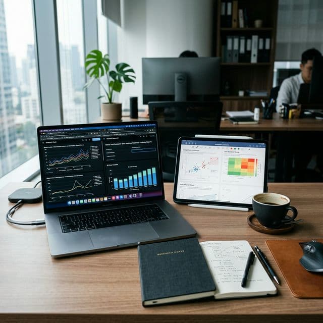 A highly realistic photograph of a modern professional desk displaying intricate research charts, data visualizations, and structured web searches on a laptop and tablet.