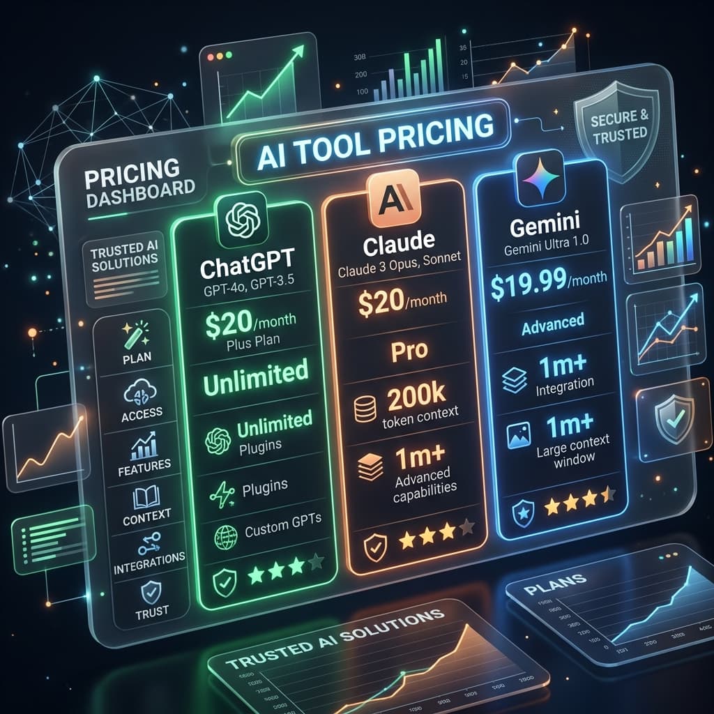 Abstract 3D illustration of a futuristic pricing dashboard for AI tools.