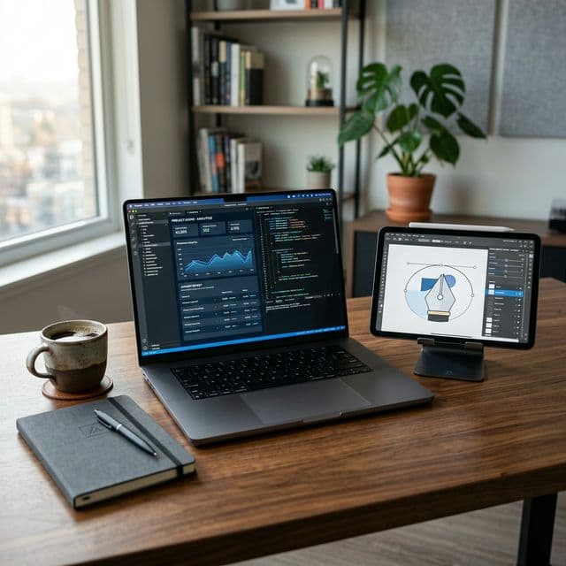 A highly realistic photograph of a sleek laptop and a tablet on a modern wood desk, juxtaposed to suggest a comparison of professional software tools in 2026.