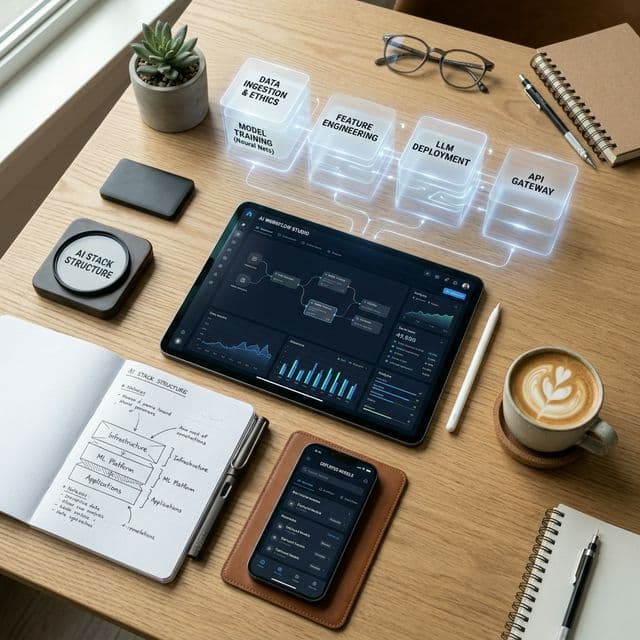 A bright, top-down photorealistic view of a modern creative workspace featuring a tablet, stylus, and wireframe sketches.