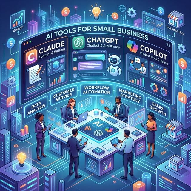 A structured isometric illustration of a digital workspace focused on AI tools for small businesses.