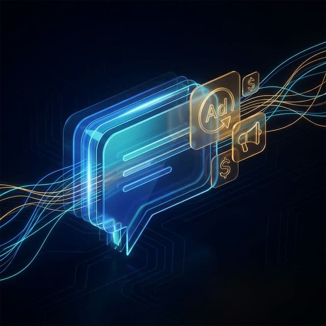 Abstract illustration of AI chat bubble interface with sponsored ad elements emerging alongside organic answer streams