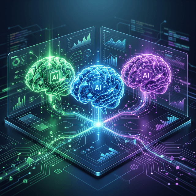 Abstract representations of different AI 'brains' or digital cores glowing with green, blue, and purple colors converging on a sleek digital workspace.