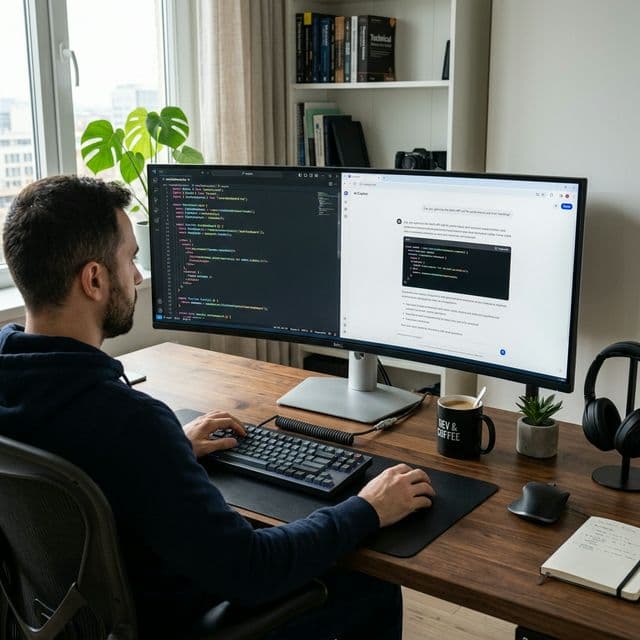 A highly realistic photograph of a modern web developer's workspace with a split-screen dual monitor showing clean code in an IDE alongside an AI chatbot interface.