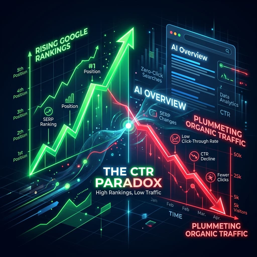A visual representation of the CTR Paradox: a rising ranking graph juxtaposed with declining click-through rates.