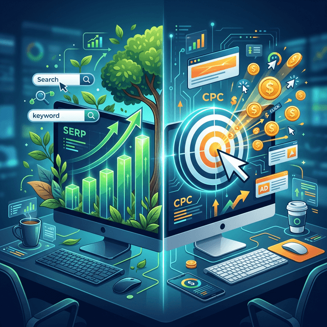A modern illustration showing a split workspace representing organic SEO growth on one side and paid Google Ads on the other side.