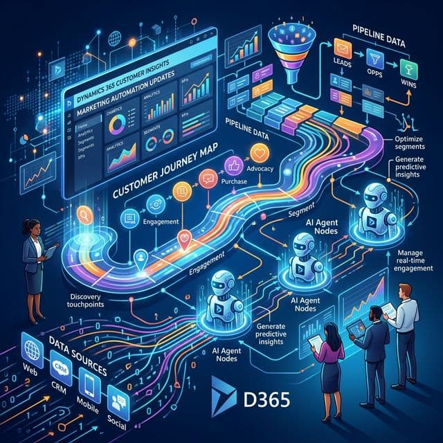 A conceptual illustration of Microsoft Dynamics 365 Customer Insights updates, showing AI agents and journey maps.