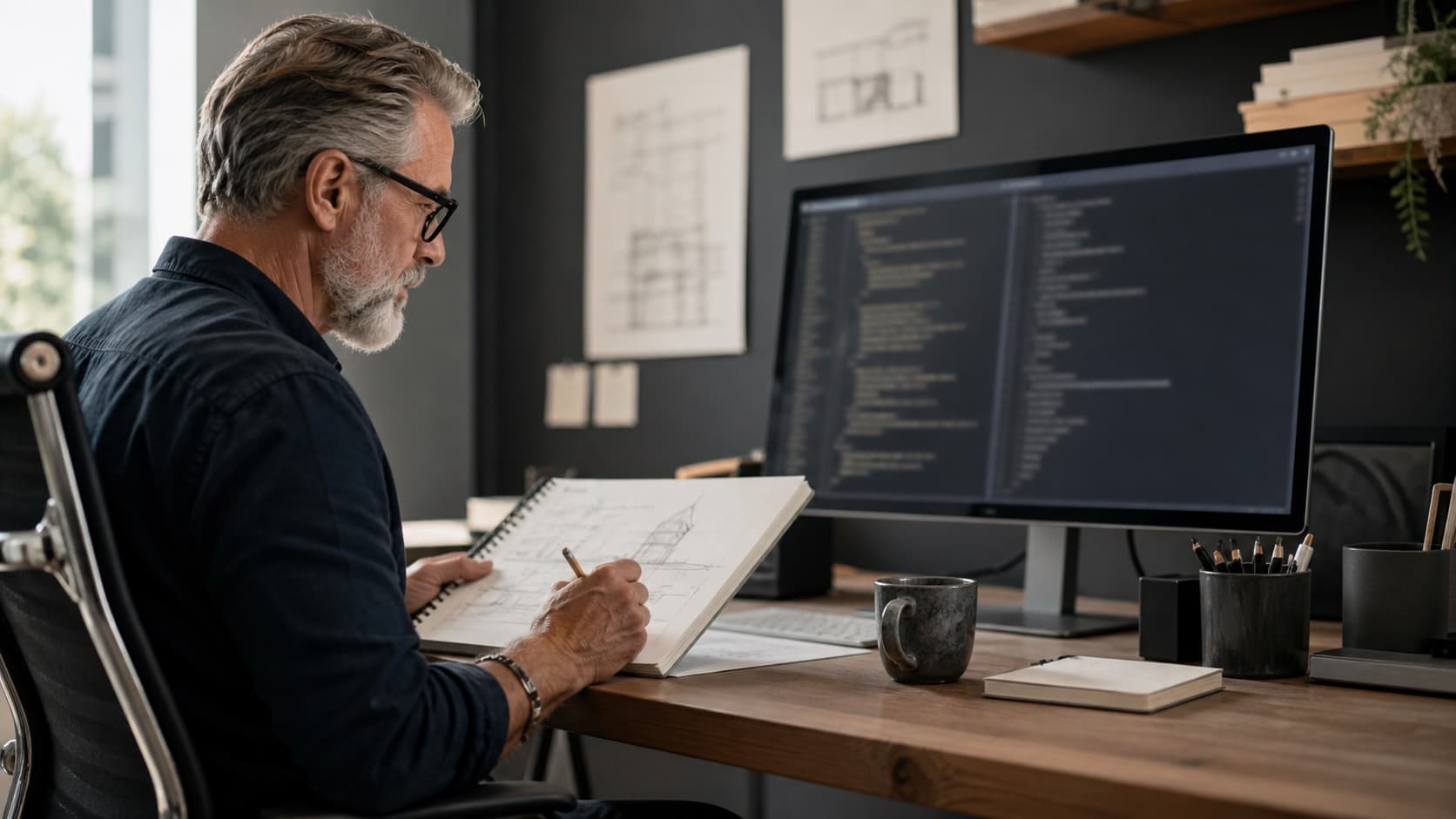 Professional editorial photograph illustrating “How I Use Claude + Cursor to Cut Website Build Time by 60%”.