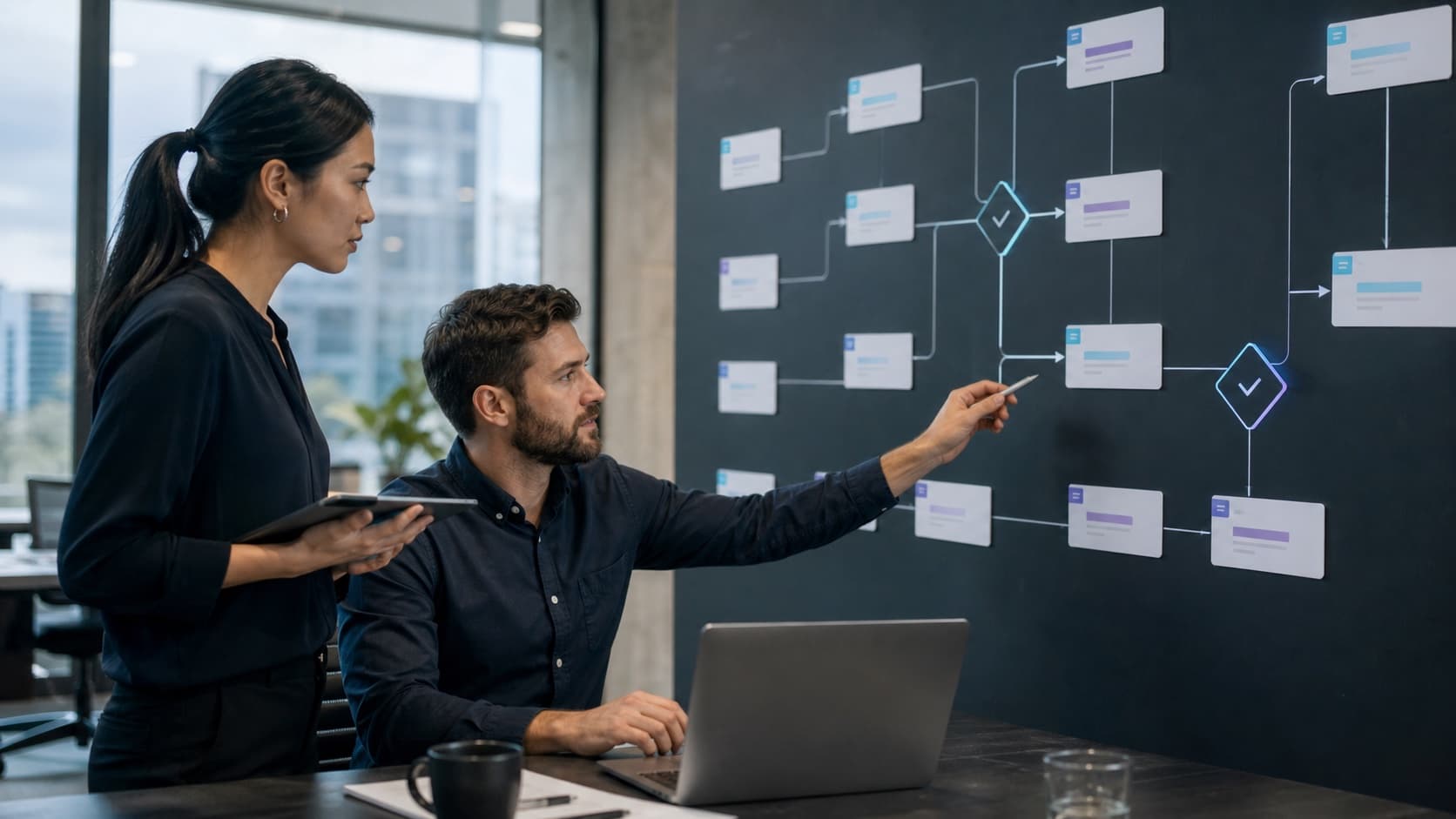 A marketing operations team reviewing an automated workflow with clear human approval gates and escalation paths.