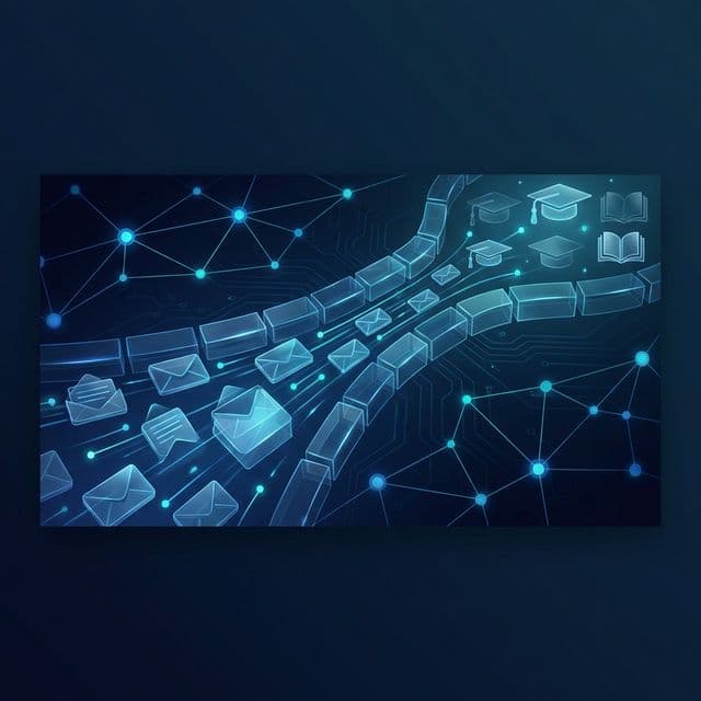 Abstract illustration of automated email network nodes flowing into a training and education funnel