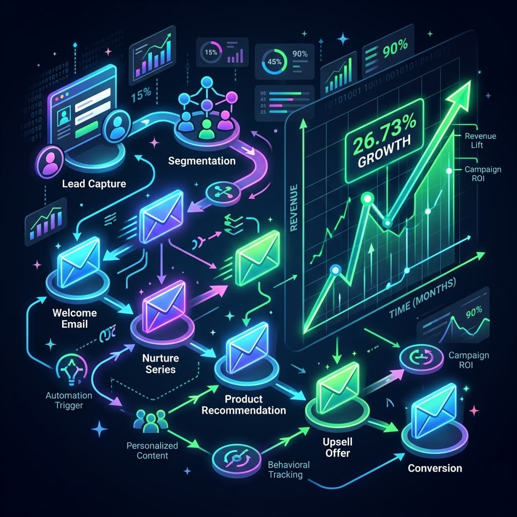 A digital illustration showing a dynamic marketing automation flow chart intersecting with an upward trending 26.73% revenue growth graph.