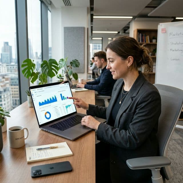 A highly realistic photograph of a modern marketer reviewing digital analytics on a sleek laptop displaying colorful charts, reflecting genuine website engagement.