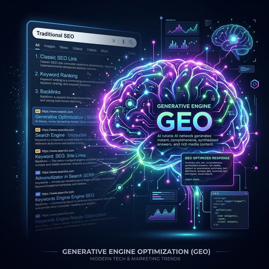 A digital illustration representing Generative Engine Optimisation (GEO) overtaking traditional SEO, featuring a glowing AI brain network alongside a fading traditional search engine interface.