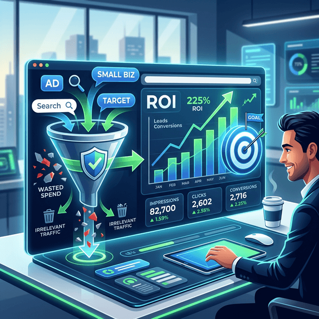A digital dashboard representing Google Ads budget optimization with focused targeting and high ROI metrics.