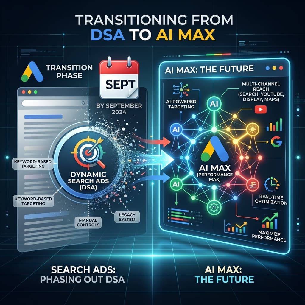 A visual representation of Google Ads phasing out keyword-based Dynamic Search Ads and transitioning to a futuristic AI Max interface by September.