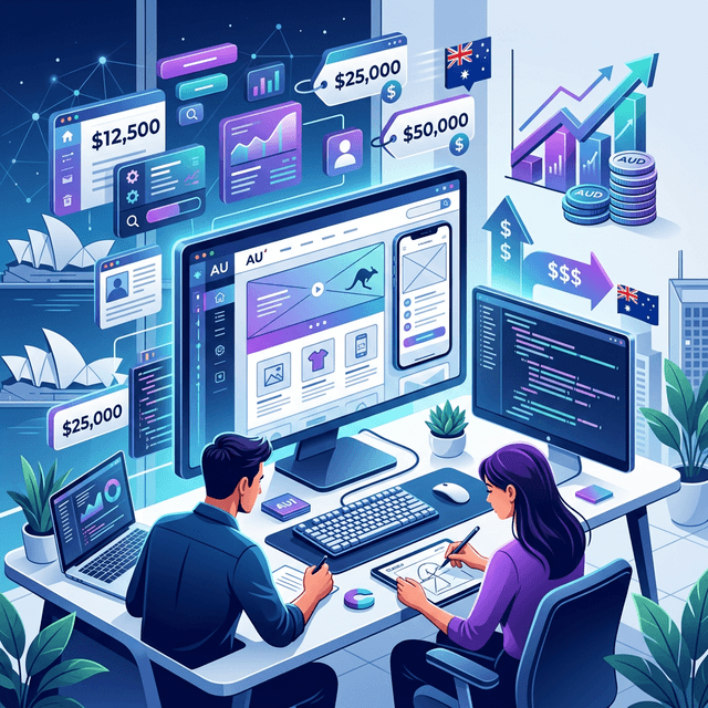 A modern illustration representing website development costs in Australia with a digital workspace and financial symbols.