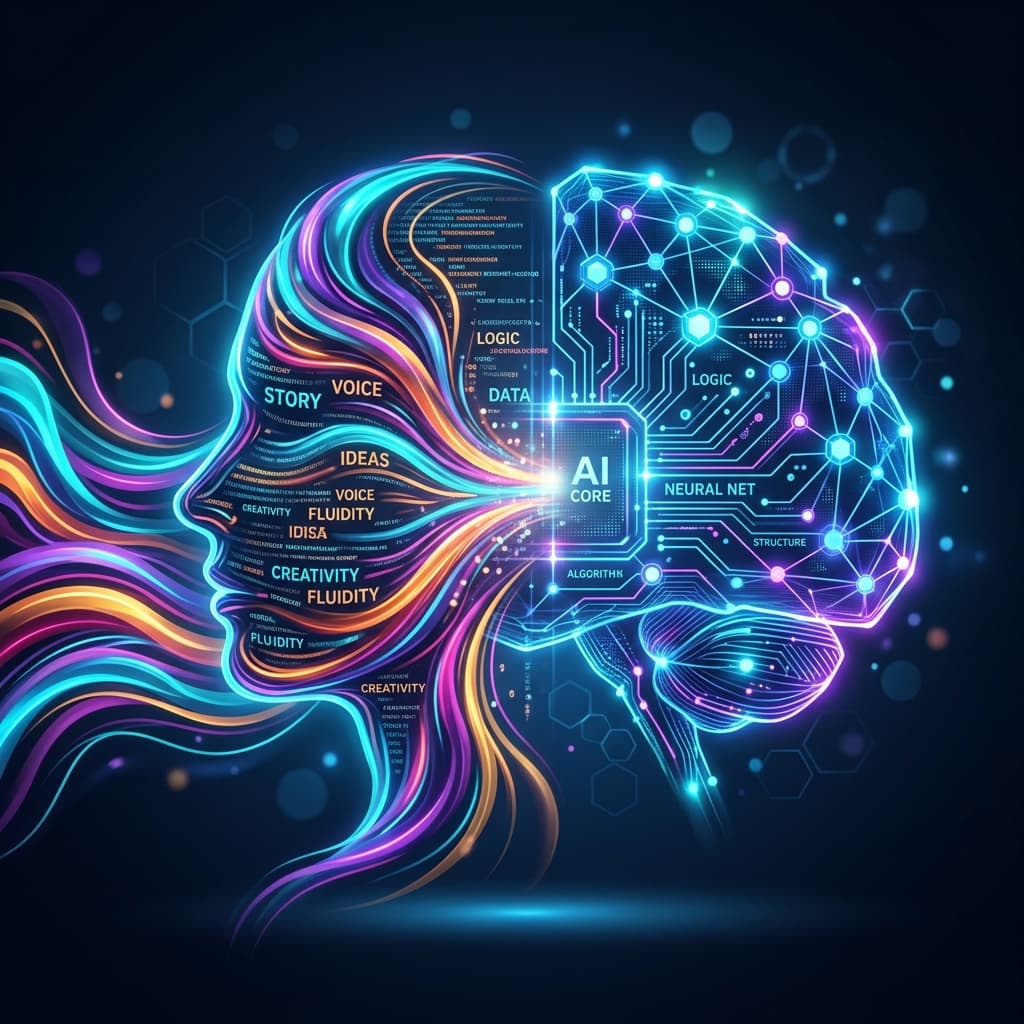 Abstract illustration of a human silhouette merging with a digital AI brain, representing unique voice training.