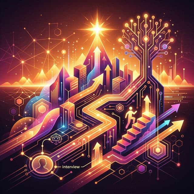 Abstract illustration representing using AI for job interviews, featuring upward digital pathways and career growth.