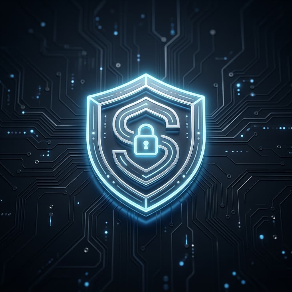 A high-tech minimalist shield icon symbolizing digital security and trust for AI business use.