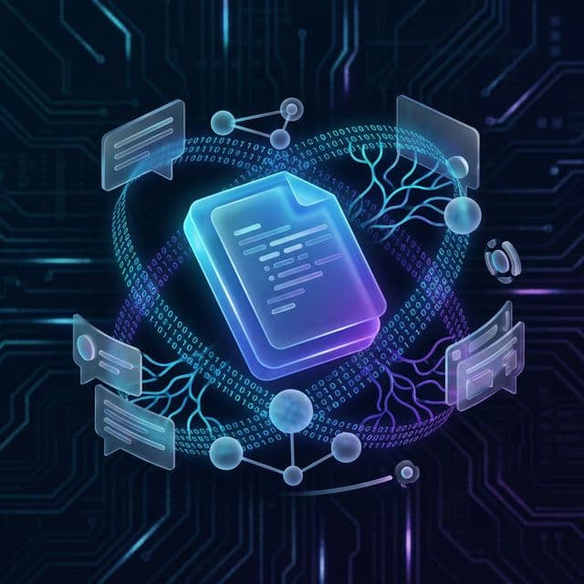 Abstract illustration of a structured Markdown file at the center of an AI neural network and binary data stream