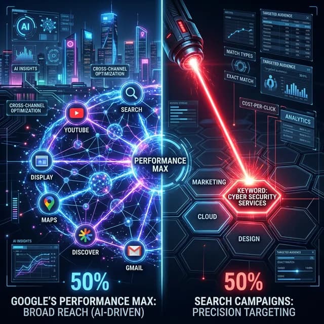 A split-screen comparison showing a Performance Max campaign spanning multiple Google channels on the left and a focused Search campaign targeting specific keywords on the right