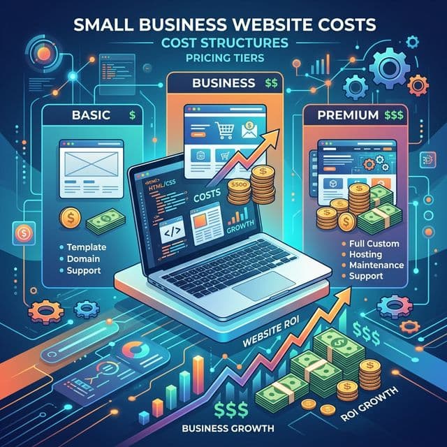 A digital illustration representing small business website costs, pricing tiers, and ROI.