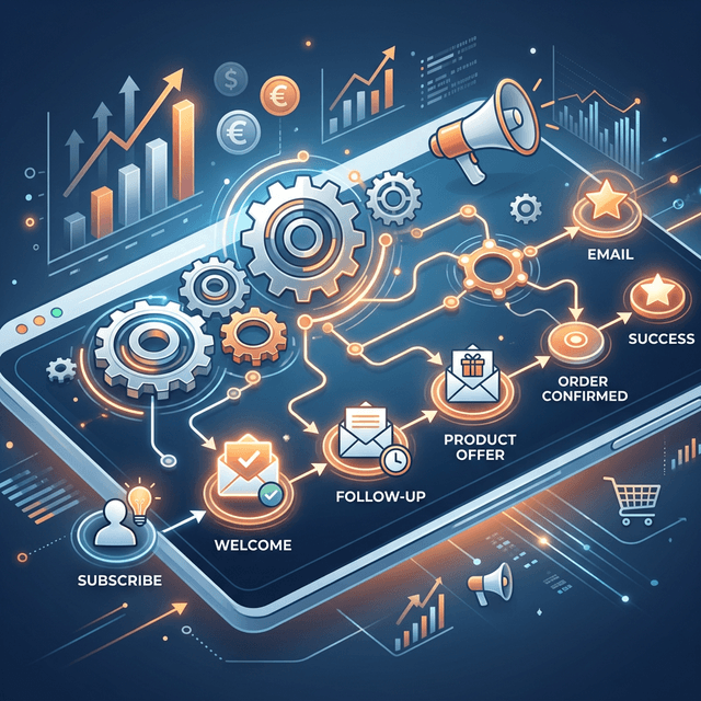 A modern illustration of a digital workspace showing automated marketing sequences through interlocking gears, connecting nodes, and marketing icons.