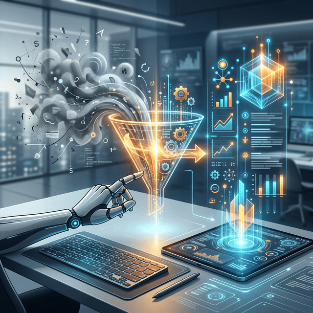 Digital workspace showing a chaotic cloud of vague data being transformed through a glowing funnel into sharp, structured, precise output.
