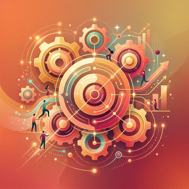 Abstract illustration of interconnected gears and elements representing team performance and business strategy.