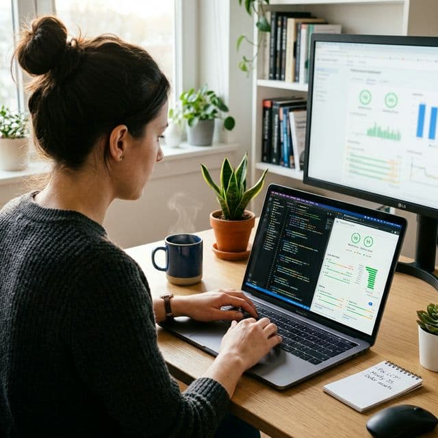 A highly realistic photograph of a web developer optimizing website code and performance metrics on a sleek laptop in a modern home office.
