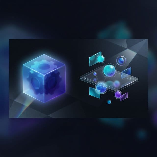 Abstract illustration comparing a solid monolithic gear structure with a decoupled headless data node architecture